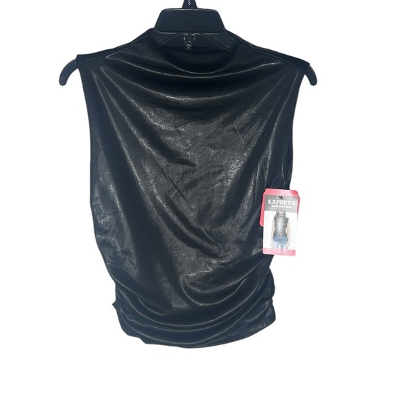 Express Tops - Express Mock Neck Tank Top Womens XS Black Metallic Ruched Faux Leather NEW